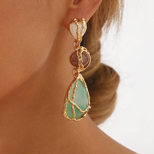 SHEIN New Boho Statement Resin Stone Long Dangle Earrings For Women Light Luxury Alloy Net Earrings Geometry Drop Earrings