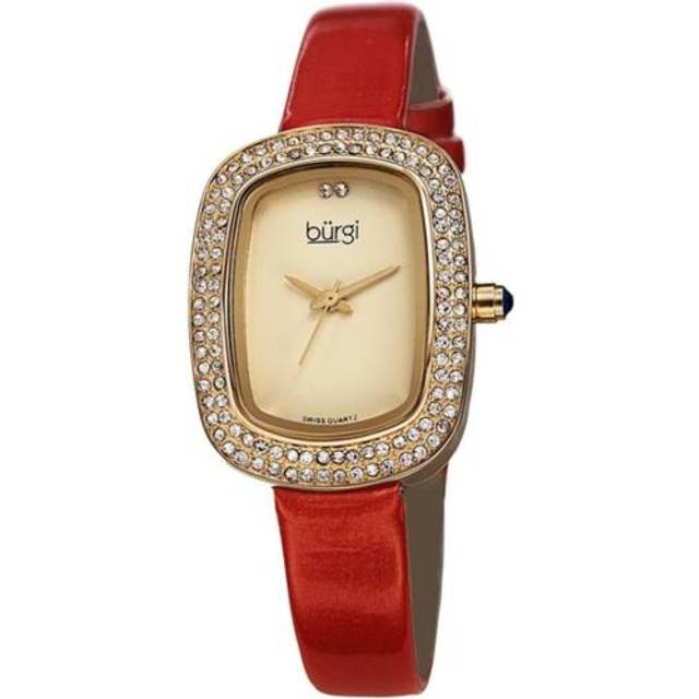Burgi Bur111rd Swiss Quartz Crystal Bezel Red Strap Goldtone Womens Watch