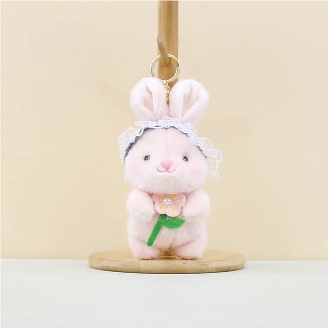 (Pink) Bunny Fluffy Keychain With Cute Flower Holding Design Perfect For Animal Lovers Gifts