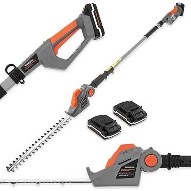 Terratek 20V Telescopic Cordless Hedge Trimmer 2X Batteries, 1HR Fast Charge Long Reach Pole Hedge Cutter with Charger Included.