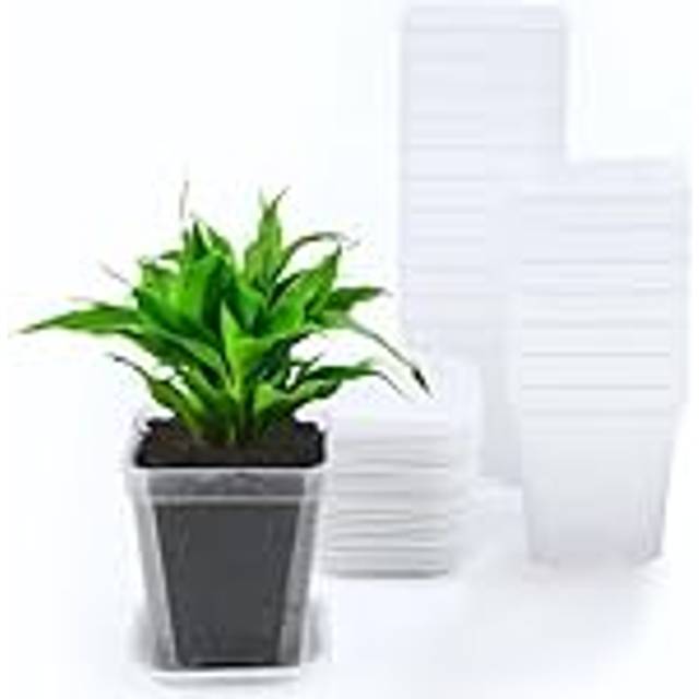 KAHEIGN 24 st genomskinliga fyrkantiga växtkrukor, 7 cm tjocka plastblomkrukor suckulent planterare barnkammare krukor med pall/brickor för små krukväxter