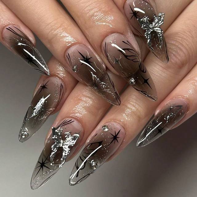 SHEIN 24Pcs Black Long Stiletto Press On Nails Luxurious Fake Nails With 3D Butterfly Rhinestone And Butterfly Star Pattern Designs Glossy Full Cover False