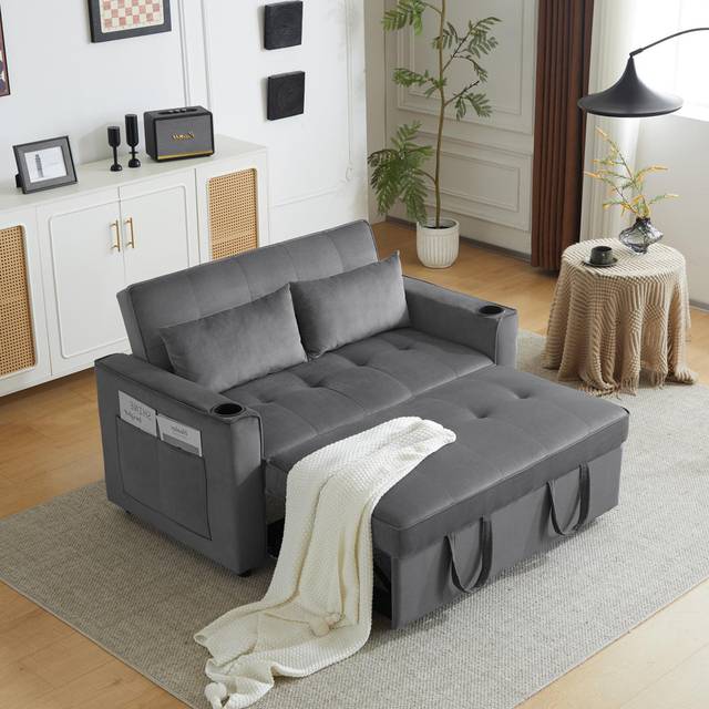 Folding Sofa Bed With Cup Holder And Pillow - Grey (83cm H X 137cm W X 99cm D)