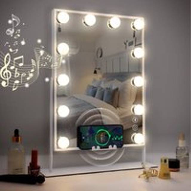 Fenchilin - Hollywood Vanity Mirror with Music Speaker and Wireless Charging, Vanity Mirror with Lights 9 Dimmable Bulbs Makeup Mirror 3 Color
