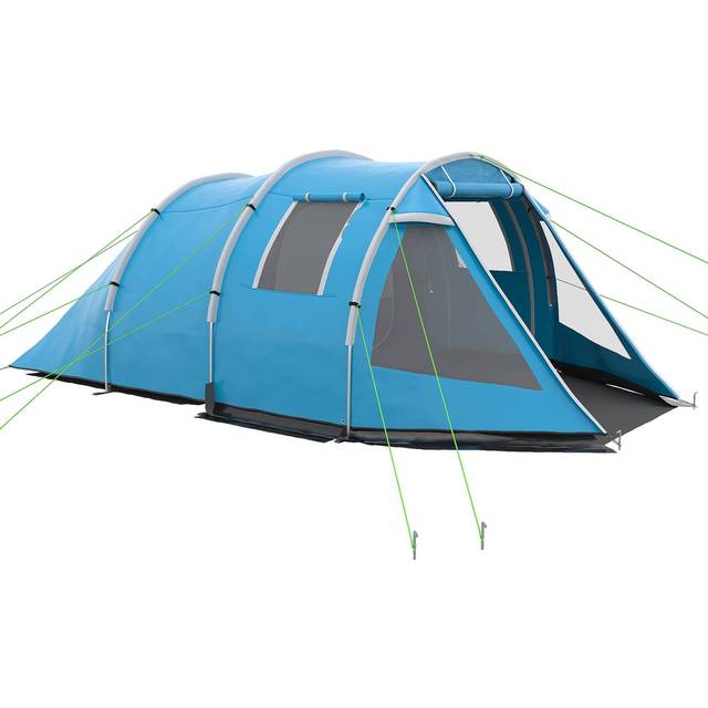 Outsunny 3-4 Persons Tunnel Tent, Two Room Camping Tent w/ Windows, Black, Black