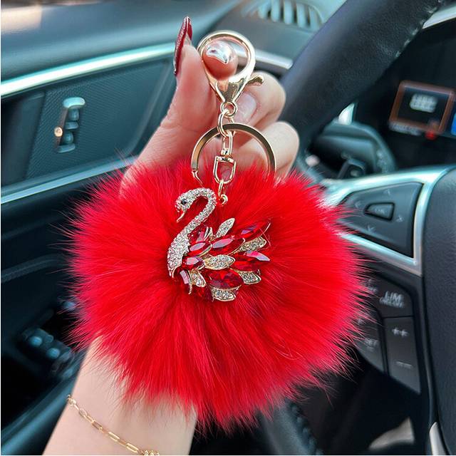 (StyleH) Crystal Creative Swan Fox Fur Car Keychain Exquisite Chic Keyring Bag Pendant