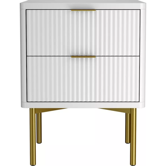 White and Gold High Gloss 2 Drawer Bedside Table with Legs - Valencia