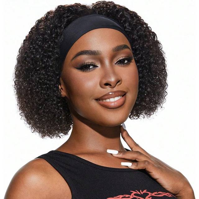 9AM Hair Kinky Curly Short Short Human Hair Natural Black Color Wig With Headband Wig For Women