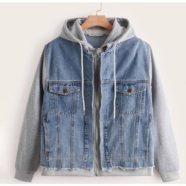 SHEIN Plus Raw Cut Drawstring Hooded 2 In 1 Denim Jacket