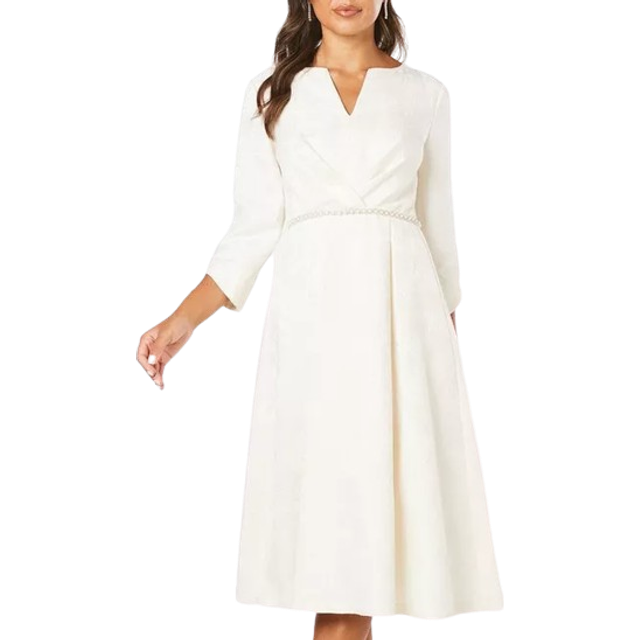 Womens Occasion Jacquard Pleat Detail Midi Dress - Champagne - 14