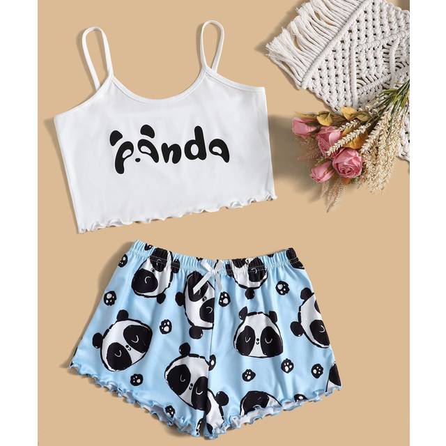 SHEIN Tween Girl Panda & Letter Graphic Lettuce Trim PJ Set