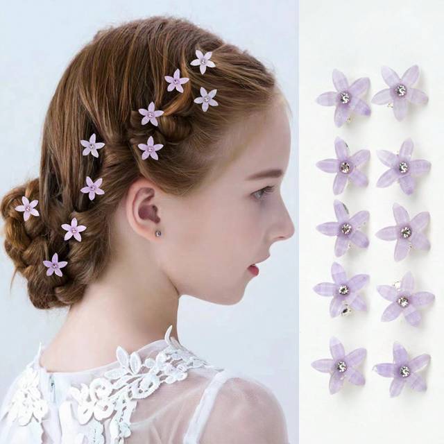 SHEIN 10pcs Girls&#39; Purple Rhinestone Flower Hair Clips, Mini Lilac Flower Headbands For Daily Life Or Wedding Season Flower Girls