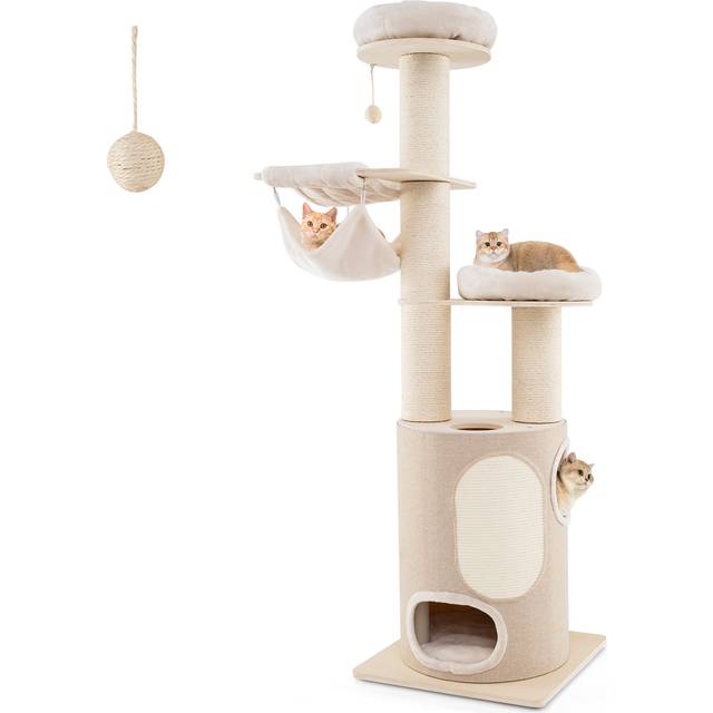187 cm Tall Wooden Cat Tower Tree with 2-Story Cat Condo-Natural