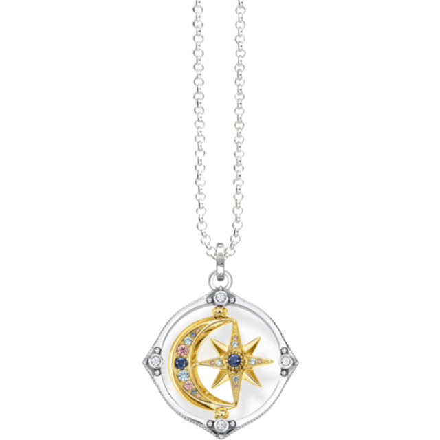 Sterling Silver Gold Plated Stones Zirconia Moon & Stars Necklace KE1983-556-7-L70