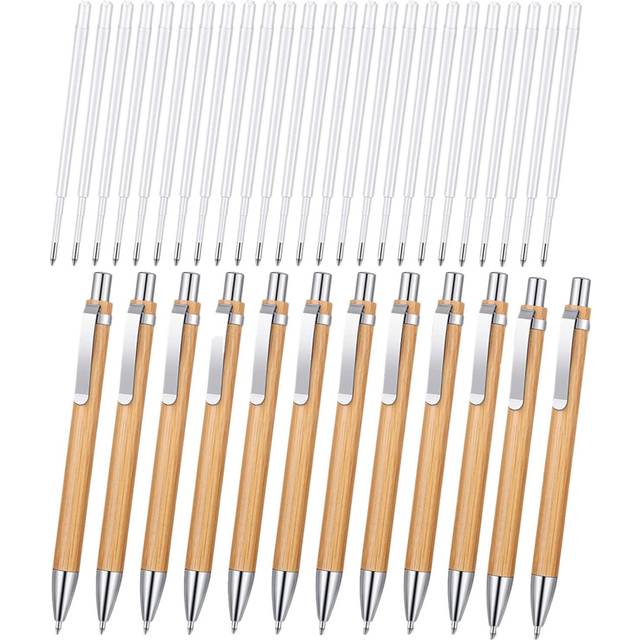 12 Pieces Bamboo Retractable Ballpoint Pen with 24 Refills Office Products Pens Bamboo Ballpoint Pen Wood Ballpoint Pens