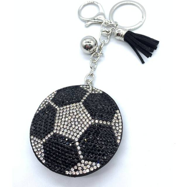 Bling football Ball Keychain Glitter Black Tassel Silver Chain Accessory--