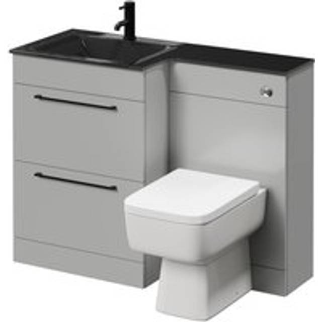 Wholesale Domestic Venice Square Vanity Unit Toilet Suite with Left Hand Anthracite Glass 1 Tap Hole Basin and 2 Drawers with Matt Black Handles | Gloss Grey Pearl | ABS Polished Chrome | 1100mm