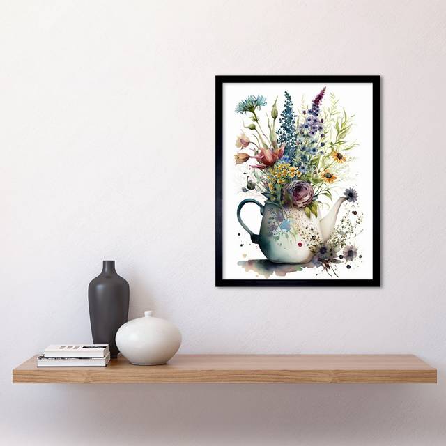 Spring Wildflower Floral Bouquet In A Teapot Vase Art Print Framed Poster Wall Decor 12X16 Inch - Multicoloured (43.3cm H X 33.3cm W)