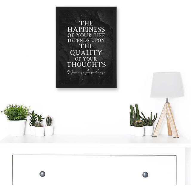 Slate Quote Marcus Aurelius Happiness Quality Thoughts Inspiring Artwork Framed Wall Art Print - Multicoloured (32.3cm H x 23.4cm W x 1.5cm D)