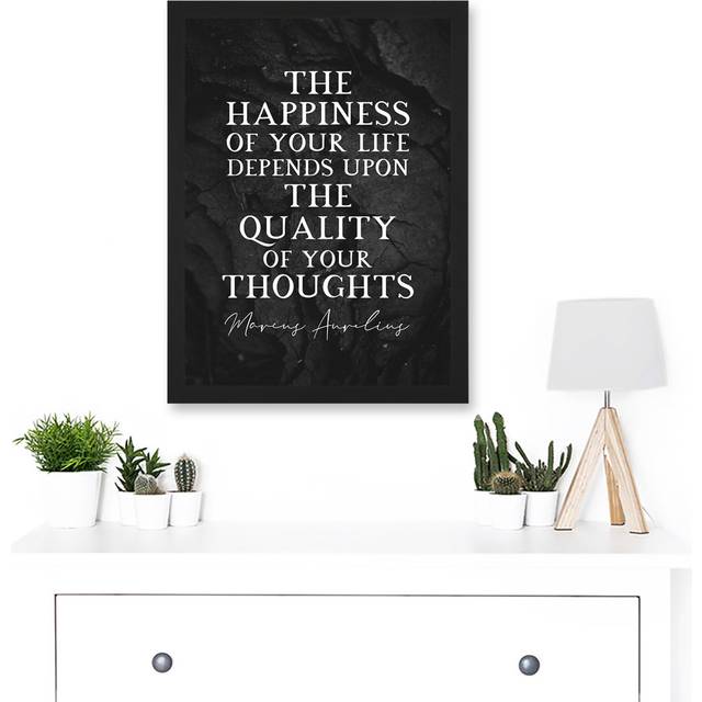 Slate Quote Marcus Aurelius Happiness Quality Thoughts Inspiring Artwork Framed Wall Art Print - Multicoloured (44.5cm H x 33cm W x 1.5cm D)