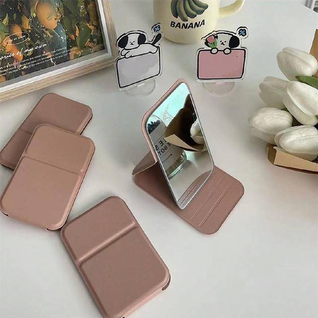 SHEIN 1Pc Foldable Makeup Mirror,Pu Leather Material Folding Makeup Mirror,Adjustable Handheld Tabletop Stand Hd Vanity Mirror,Portable Handheld Mini Mirror