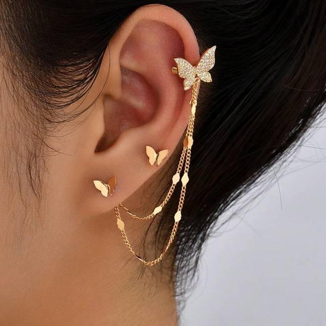 Nooxian 1set Fashionable Butterfly Earrings, Minimalist Design With Micro Inlaid Cubic Zirconia, Clip-On & Studs Included, Niche High-End, Suitable For Women