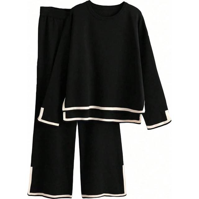 SHEIN 2pcs Women Knitted Sweater & Pants Set, Casual Contrast Color Knit Tops & Trousers Suit, Autumn/Winter