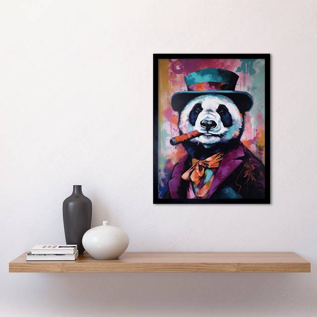 Panda Portrait With Purple Suit Top Hat And Cigar Art Print Framed Poster Wall Decor 12X16 Inch - Multicoloured (43.3cm H X 33.3cm W)
