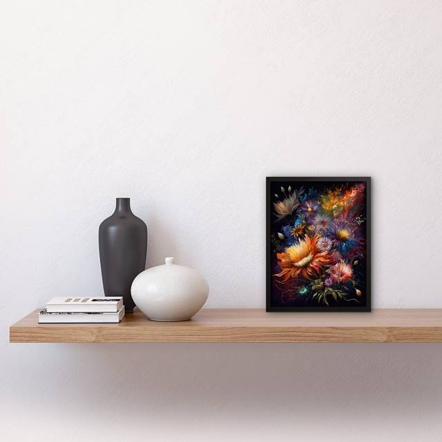 Wildflower Bouquet Pink Blue Orange Floral Art Artwork Framed Wall Art Print - Black;Red;Orange (25.9cm H X 20.6cm W)