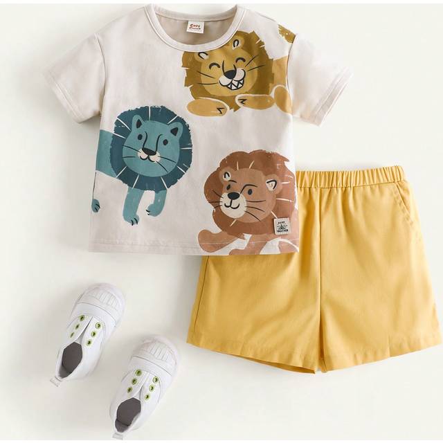 Cozy Pixies 2pcs/Set Baby Boy Cartoon Lion Pattern Raglan Sweatshirt & Solid Color Shorts Set