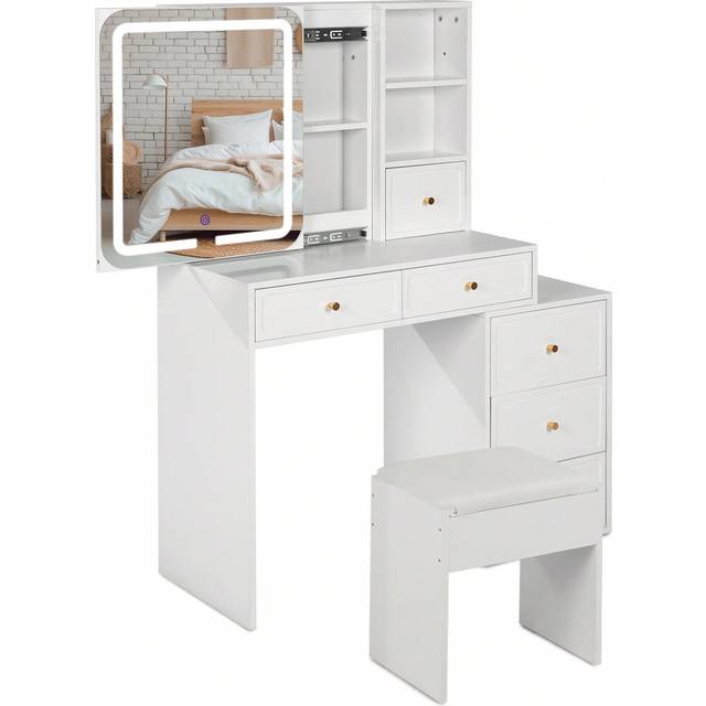 Fazil-UK Dressing Table With Mirror And Stool, Modern Vanity Makeup Desk With Sliding Lights Mirror, 6 Drawers And Open Shelves For Bedroom