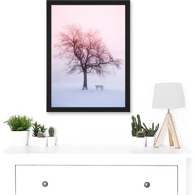 Winter Landscape Snow Lone Tree Bench Foggy Sunrise Photo Artwork Framed A3 Wall Art Print (45.5cm H X 33cm W)