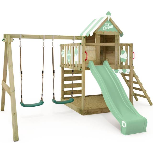 Wickey Wooden climbing frame Smart Candy with swing set and purple slide, Playhouse on stilts for kids with sandpit, climbing ladder &