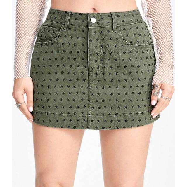 ROMWE Summer Star Print Denim Skirt With Pockets And Buttons