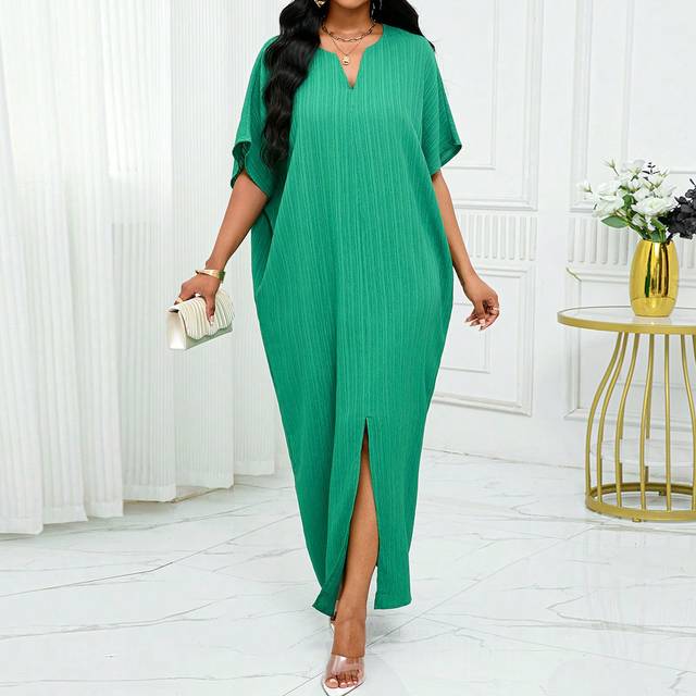 SHEIN Autumn And WinterWorkGreenNotchedBatwing SleeveKaftan Dress