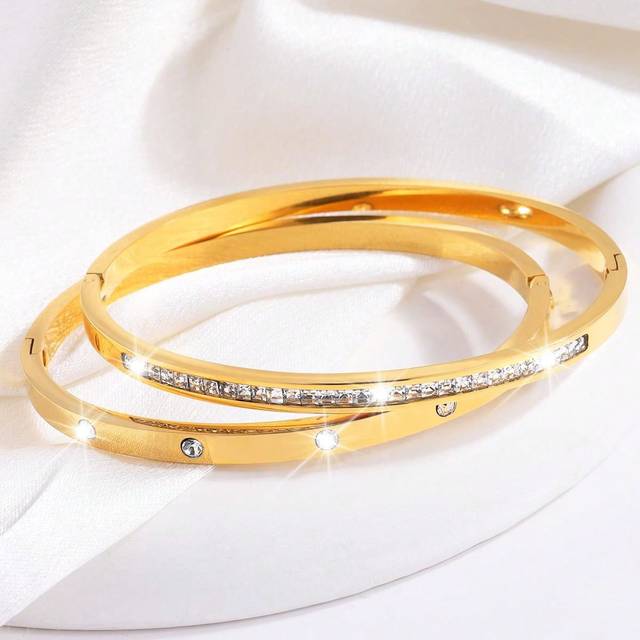 SHEIN 2pcs Fashion Luxury Minimalist Stainless Steel Diamond Encrusted Oil Drop Bracelet, Suitable For Holidays & Ceremonies, Durable Color