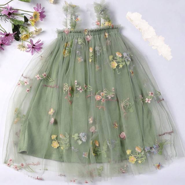 SHEIN Young Girl Embroidered Flower Strap Princess Tutu Dress With Matching Flower Headband