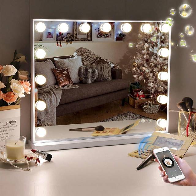 FENCHILIN FENCHILIN Holly Wood Mirror With Bluetooth 15 LED Dimmable Bulbs Vanity Mirror With Lights Lighted Makeup Mirror With USB Charging Port And 10X Magnif