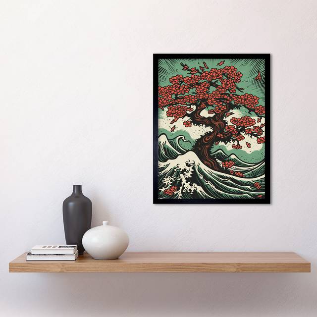 Paltrow Japanese Cherry Blossom Tree And Wavy Sea - Print - Multicoloured (43.3cm H X 33.3cm W)