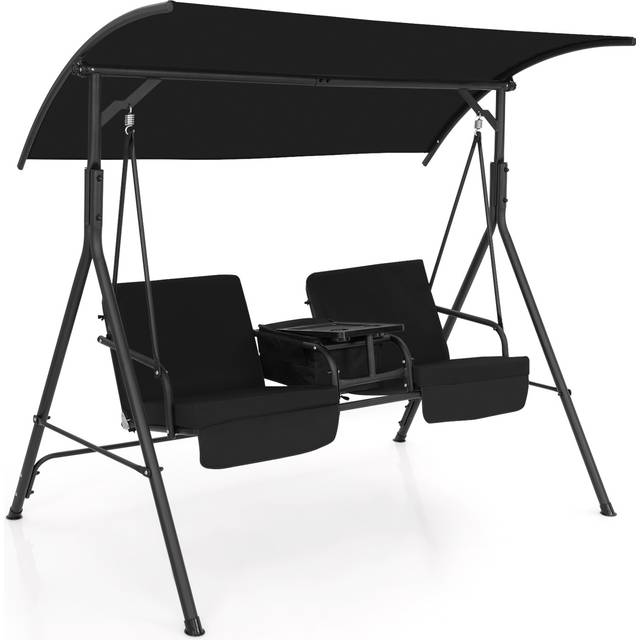 Costway 2 Seater Black Garden Swing Chair with Canopy and Cooler Bag