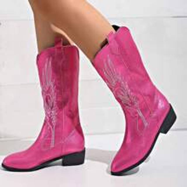 Fashionabla västerländska broderade läderstövlar för kvinnor, matcha med korsett Rosa lågklackade chunky high-top Chelsea stövlar med punkstil, cowboy (CN36,CN37,CN38,CN39,CN40,CN41,CN42,CN43)