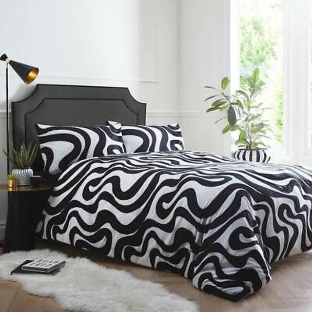 (Double) Retro bedding duvet cover set black white seventies psychedelic print swirl wave