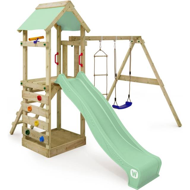 Wooden climbing frame FreeFlyer with swing set and slide, Garden playhouse with sandpit, climbing ladder & play-accessories - pastel green - Wickey