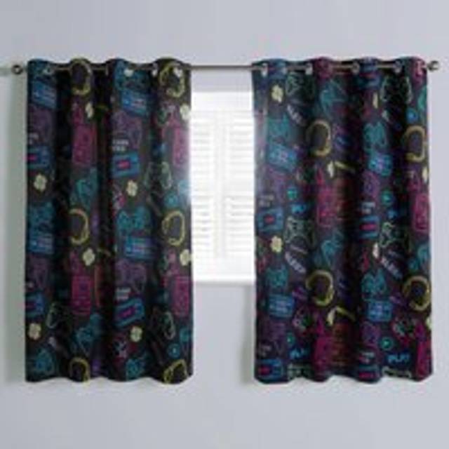 Gaming Eyelet Curtains Pair of Blackout Woven Ring Top Panels Ready Made Kids - 117cm width x 183cm drop