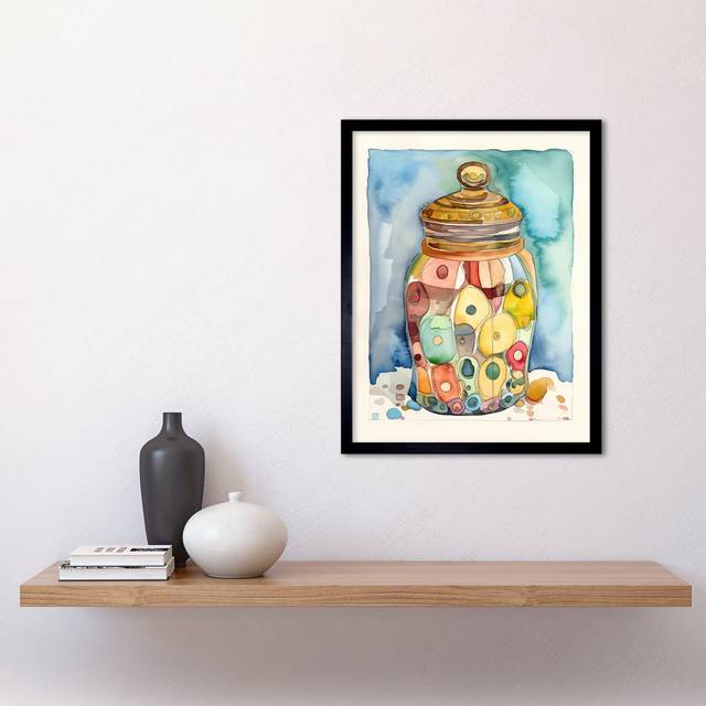 Glass Cookie Jar With Sweets Folk Art Watercolour Painting Art Print Framed Poster Wall Decor 12x16 inch - Multicoloured (43.3cm H X 33.3cm W)