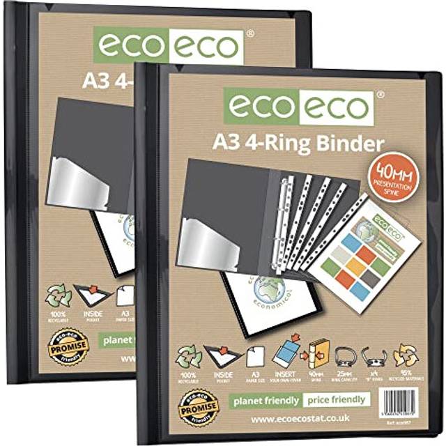 A3 95% Recycled 4-D Portrait Ring Binder File Folder Black , Artwork Portfolio, Pack of 2 Folders, eco087x2