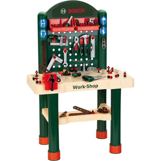 Theo Klein 8461 Bosch 82-Part Workshop I With Wood Effect Work Surface and Learning Function with Hammer-and-Nails Game I With Pliers, File, Hammer