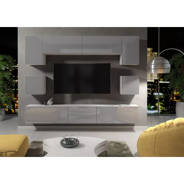 Panorama Wall tv Unit - White with Grey Gloss Doors & led 242cm