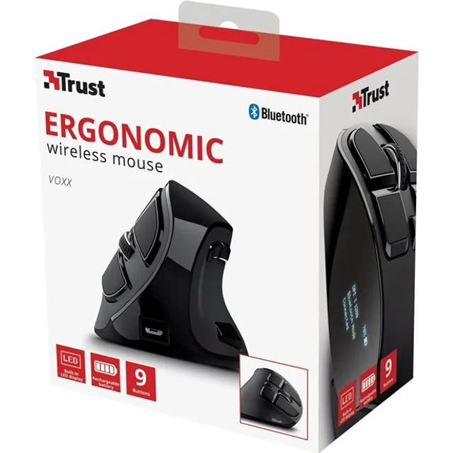 Trust Voxx vertikal ergonomisk mus, uppladdningsbar trådlös mus, Bluetooth eller 2,4 GHz, 1200-2400 DPI, 9 knappar, LED-skärm, programmerbara knappar, för PC, dator, Mac, bärbar dator, Chromebook –