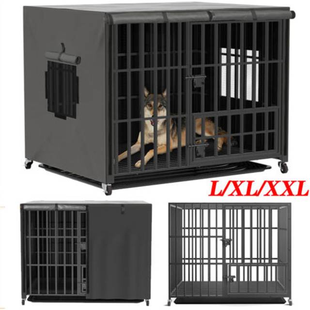 Xxl covered dog crate heavy duty metal puppy cage with universal lockable wheels